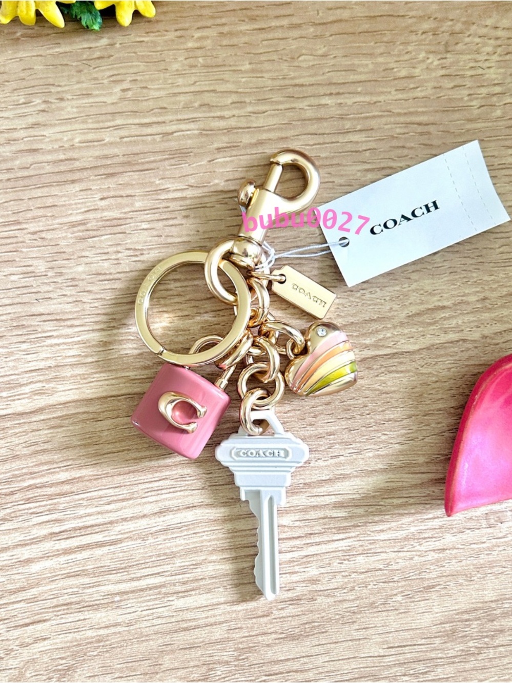 NWT💕Coach Key Cluster Bag Charm Keychain Ring Accessories CP891 Pink Lock Heart